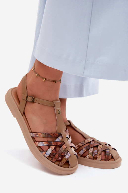 Kožené Sandále pre ženy S pruhmi Máciejka K7442-04 béžová