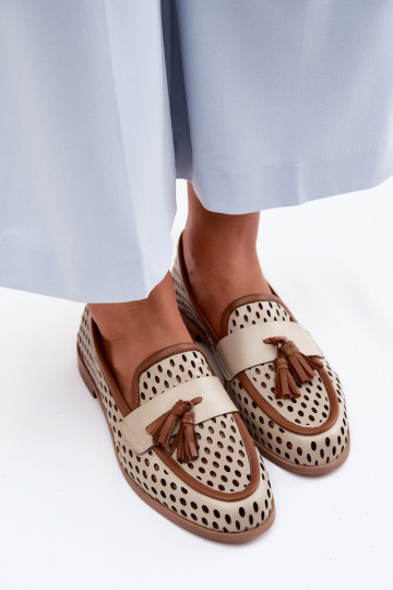 Kožené s prvkami prelamovania topánky dámske mokasíny Máciejka HJ760-14 hnedá-béžová