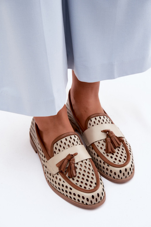 Kožené s prvkami prelamovania topánky dámske mokasíny Máciejka HJ760-14 hnedá-béžová