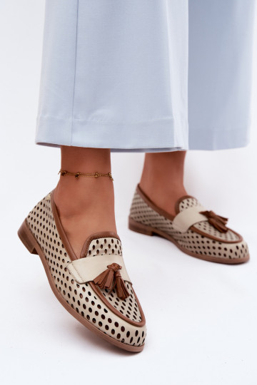 Kožené s prvkami prelamovania topánky dámske mokasíny Máciejka HJ760-14 hnedá-béžová 2