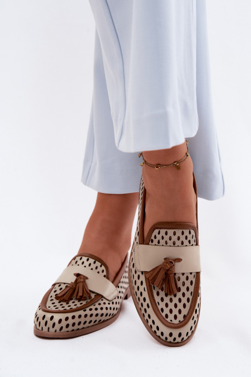 Kožené s prvkami prelamovania topánky dámske mokasíny Máciejka HJ760-14 hnedá-béžová