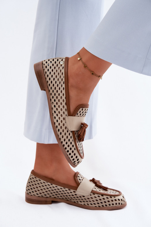 Kožené s prvkami prelamovania topánky dámske mokasíny Máciejka HJ760-14 hnedá-béžová