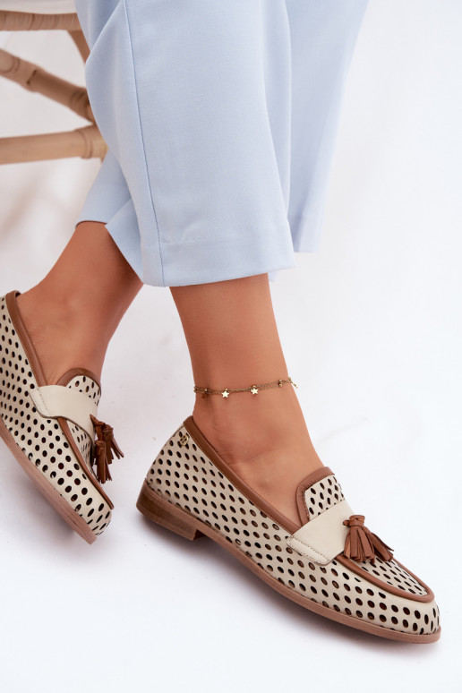 Kožené s prvkami prelamovania topánky dámske mokasíny Máciejka HJ760-14 hnedá-béžová