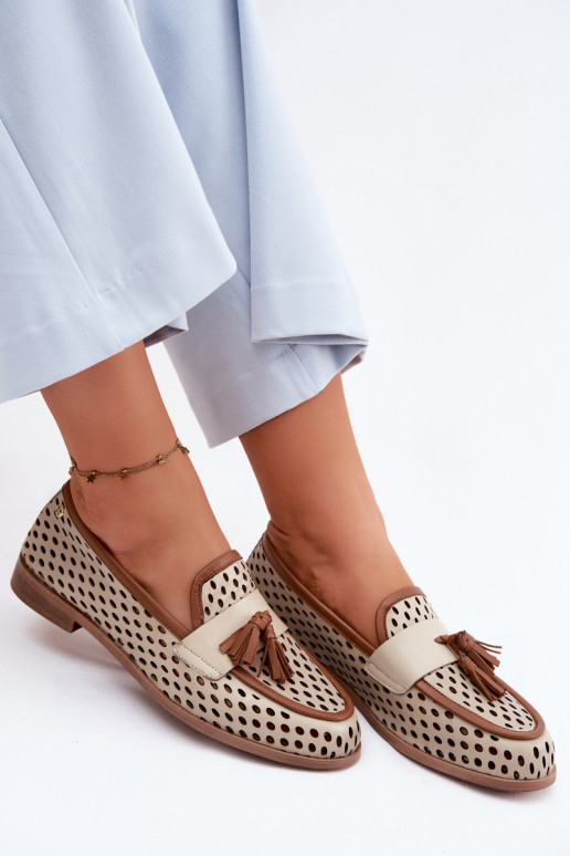 Kožené s prvkami prelamovania topánky dámske mokasíny Máciejka HJ760-14 hnedá-béžová