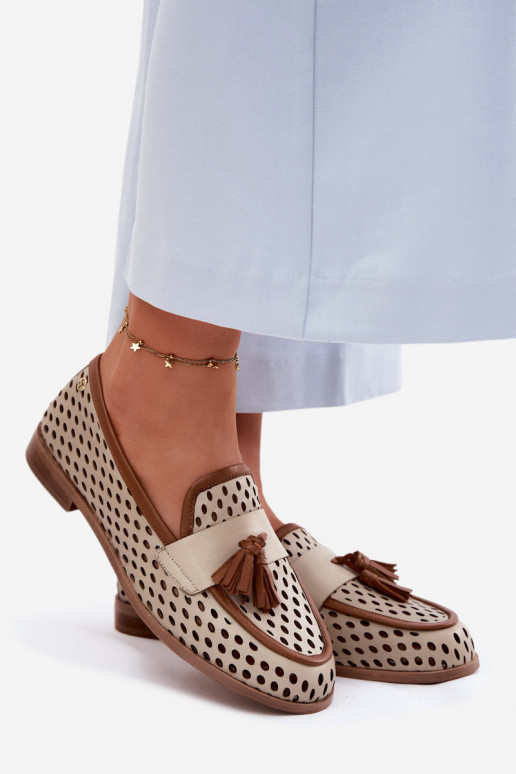 Kožené s prvkami prelamovania topánky dámske mokasíny Máciejka HJ760-14 hnedá-béžová