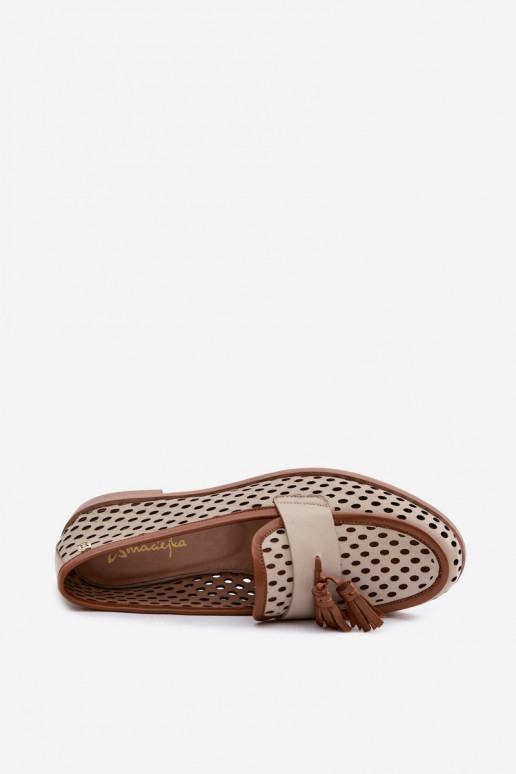Kožené s prvkami prelamovania topánky dámske mokasíny Máciejka HJ760-14 hnedá-béžová