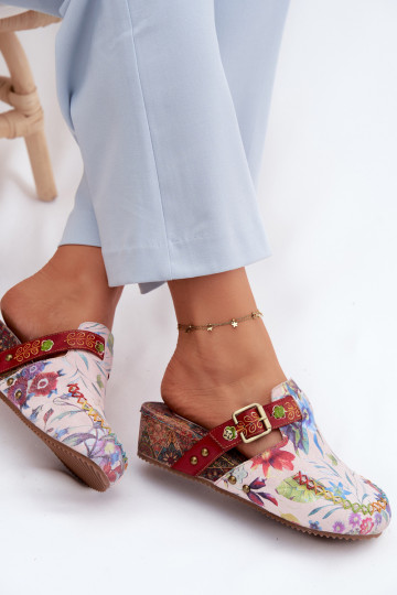 Kožené papuče Mule Dámske s platformou s kvetmi Máciejka K7409-15 Rôzne farby