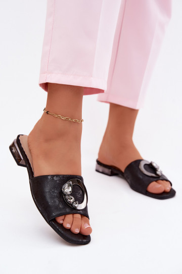 Dámske papuče so širokými podpätkami s ozdobami KV61-6025 čierna 2