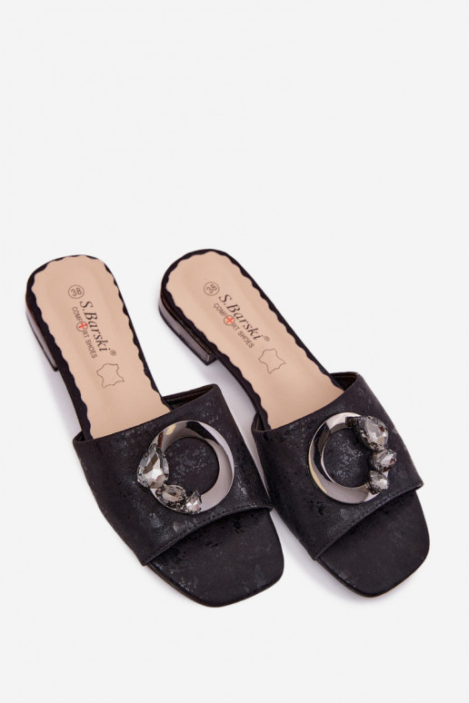 Dámske papuče so širokými podpätkami s ozdobami KV61-6025 čierna