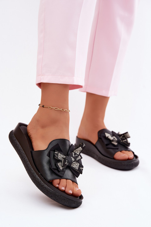 Dámske papuče pravá koža so stuhami S.Barski KV61-6061 čierna