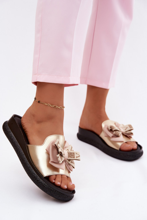 Dámske papuče pravá koža so stuhami S.Barski KV61-6061 zlatej farby