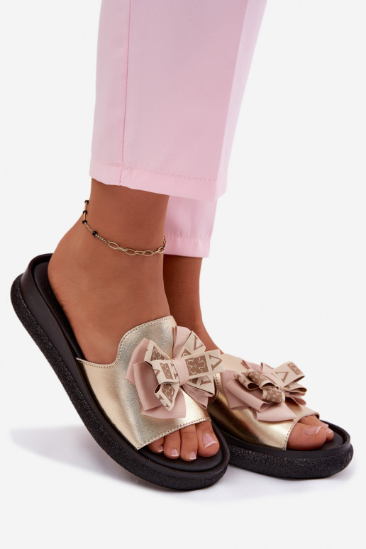 Dámske papuče pravá koža so stuhami S.Barski KV61-6061 zlatej farby