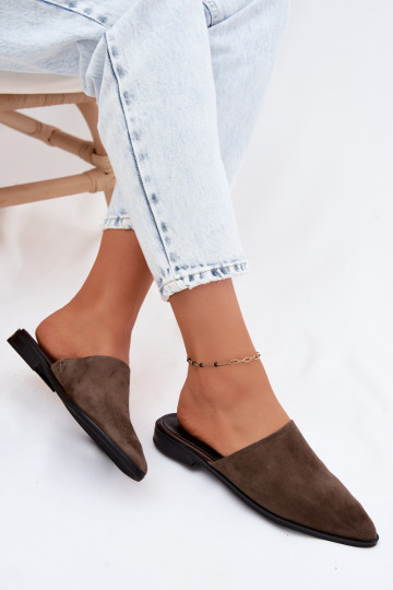 Kožené semišové papuče Mule Dámsky byt D&A JC61-1004 khaki farby