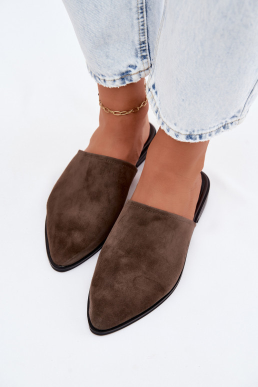 Kožené semišové papuče Mule Dámsky byt D&A JC61-1004 khaki farby