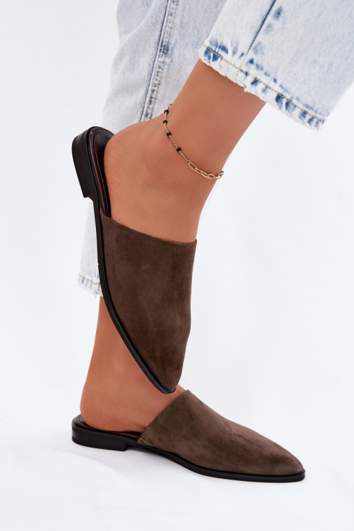 Kožené semišové papuče Mule Dámsky byt D&A JC61-1004 khaki farby