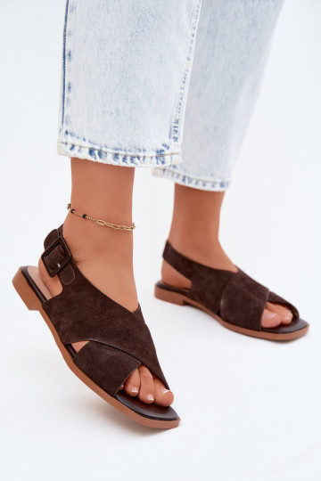 Kožené Dámske semišové sandále so širokými podpätkami D&A JC61-1001 CzekoladoIne 2