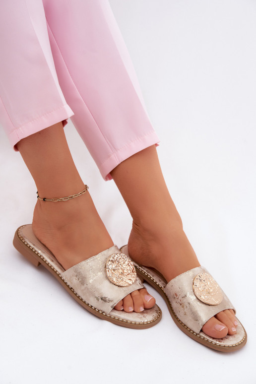 Dámske papuče S Ornatem Detalem so širokými podpätkami KV61-6034 zlatej farby