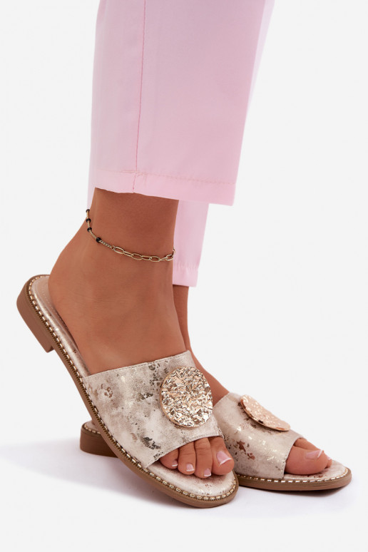 Dámske papuče S Ornatem Detalem so širokými podpätkami KV61-6034 zlatej farby