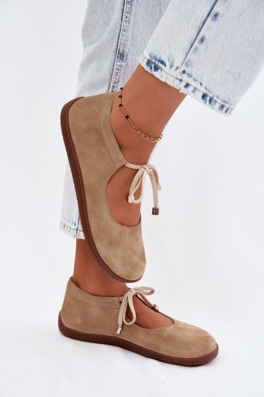 Kožené Semišové balerínky Barefoot s popruhmi Zazoo 021 béžová