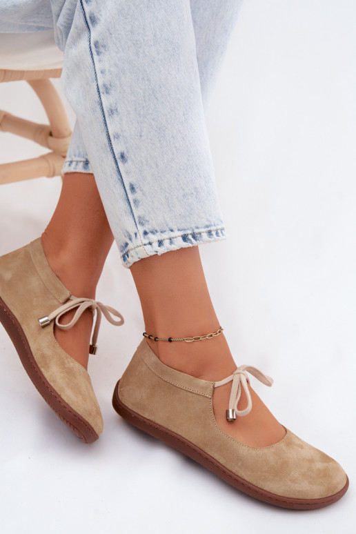 Kožené Semišové balerínky Barefoot s popruhmi Zazoo 021 béžová