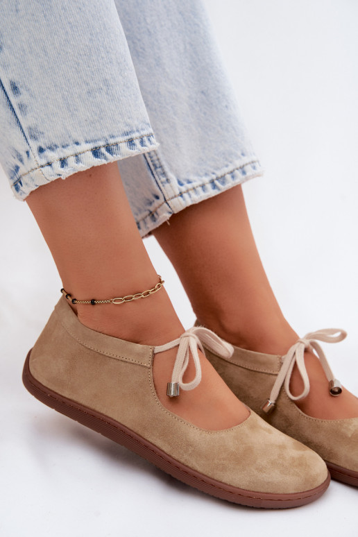 Kožené Semišové balerínky Barefoot s popruhmi Zazoo 021 béžová