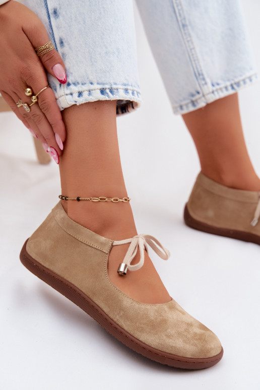 Kožené Semišové balerínky Barefoot s popruhmi Zazoo 021 béžová