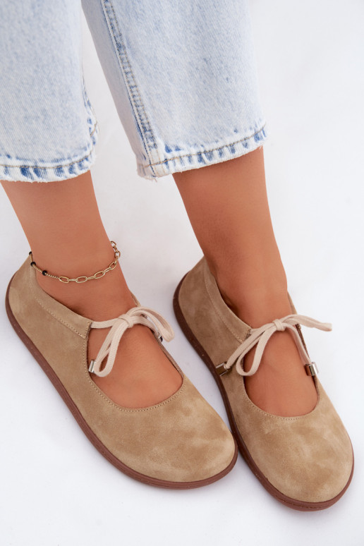 Kožené Semišové balerínky Barefoot s popruhmi Zazoo 021 béžová