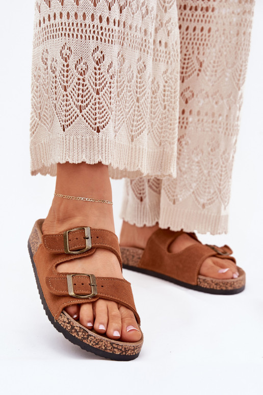 semišové papuče Zapnuté korkovej podrážke s prackami Hnedá farba Tavira