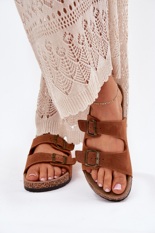 semišové papuče Zapnuté korkovej podrážke s prackami Hnedá farba Tavira