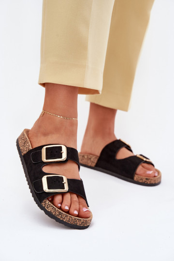 Dámske papučez eko semišuu zlatej farby s prackami čierna Vorella