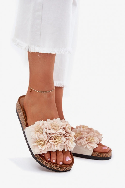 Dámske papuče Zapnuté korkovej podrážke S Ornatemi s kvetinovými motívmikami béžová Seleneza