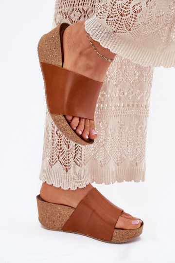 Zazoo 40291 Kožené papuče Dámske Zapnuté KorkoInym Koturnie Hnedá farba