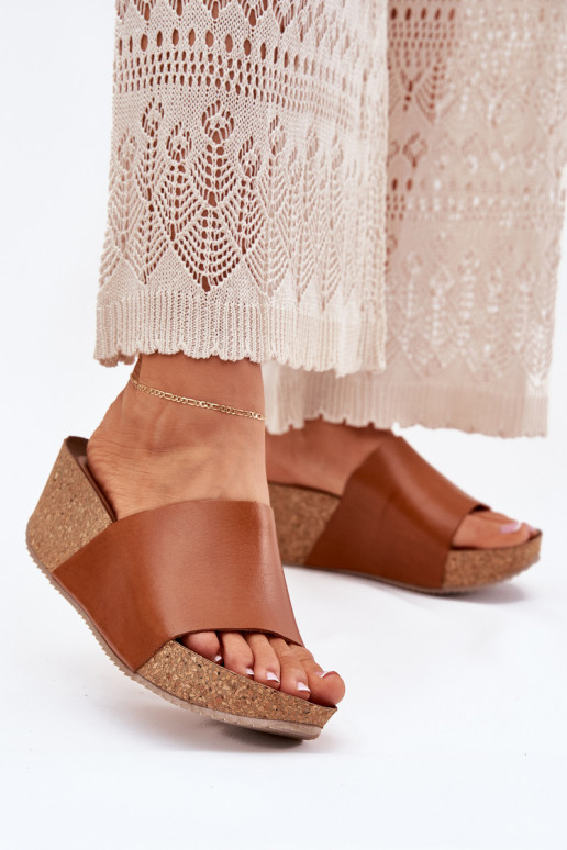 Zazoo 40291 Kožené papuče Dámske Zapnuté KorkoInym Koturnie Hnedá farba