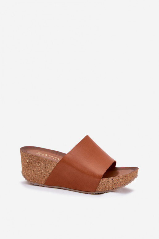 Zazoo 40291 Kožené papuče Dámske Zapnuté KorkoInym Koturnie Hnedá farba