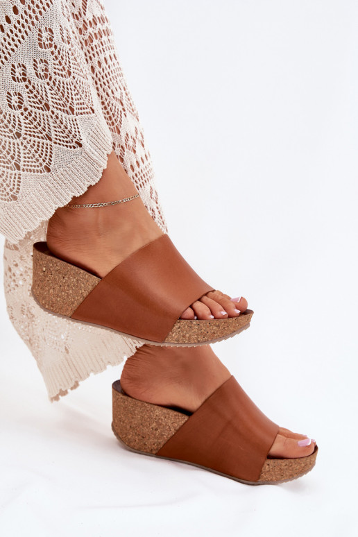 Zazoo 40291 Kožené papuče Dámske Zapnuté KorkoInym Koturnie Hnedá farba