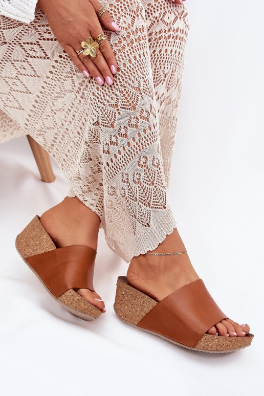 Zazoo 40291 Kožené papuče Dámske Zapnuté KorkoInym Koturnie Hnedá farba