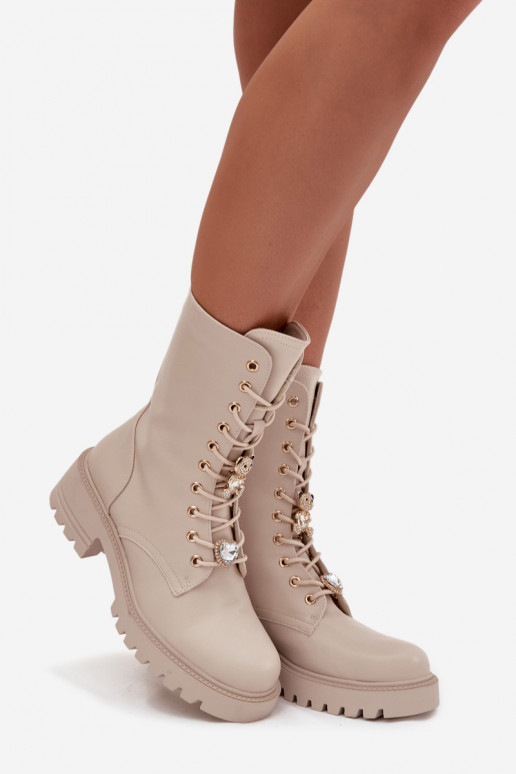 Pracovné členkové topánky DámskePrzypinkami plyšové medvede Srdiečka béžová Iravine