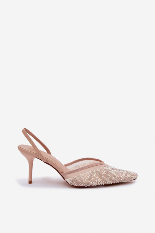 Zdobené sandále s mriežkou s tenkými podpätkami béžová Bedira