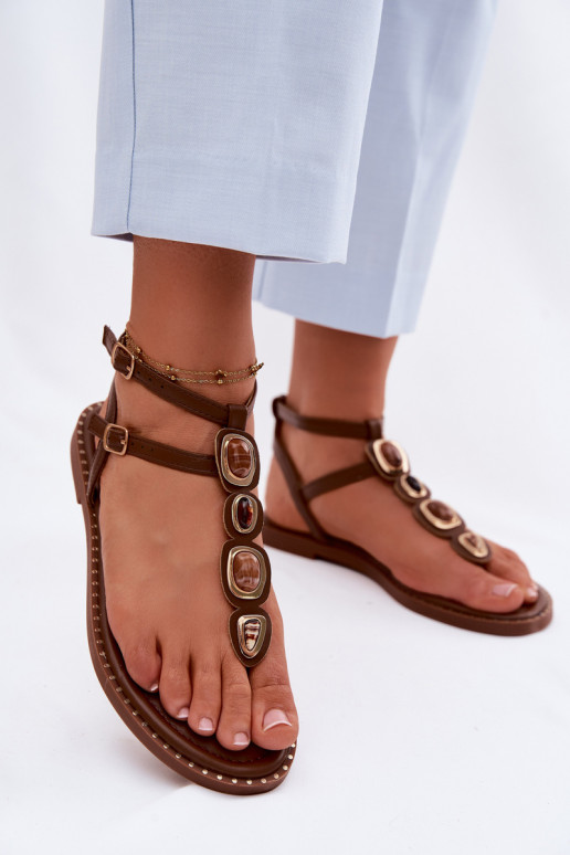 sandále cez prst Dámsky byt s krásnymi detailmi Hnedá farba Dorena