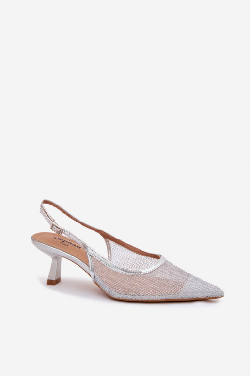 Sieťovina sandále Zapnuté Smukłym Obcasie strieborná farba Calora