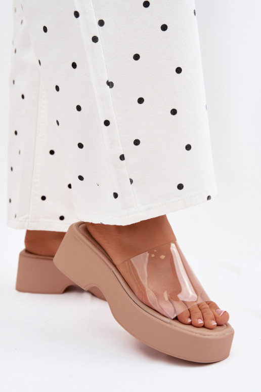 Dámske papuče s platformouTransparentnym Pruhyem béžová Selestia