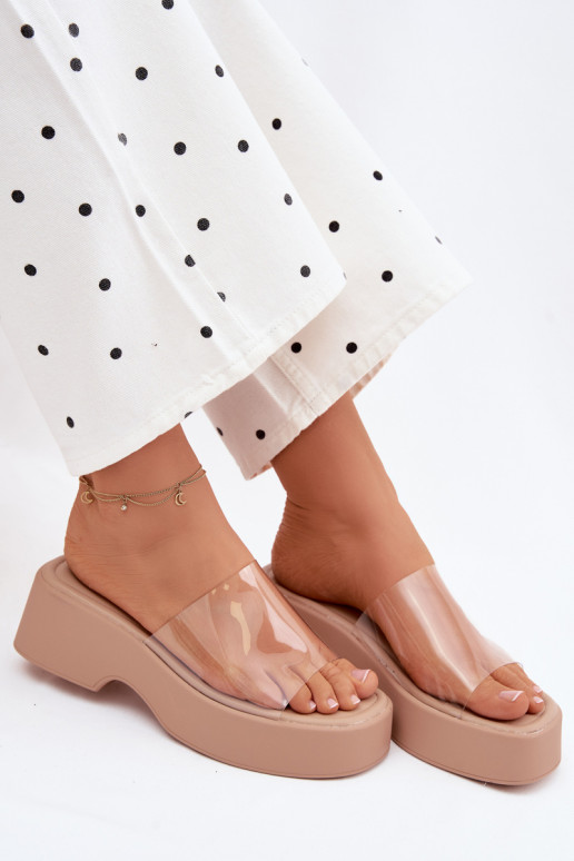 Dámske papuče s platformouTransparentnym Pruhyem béžová Selestia