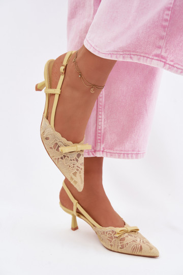 Čipkované sandále Dámske Zapnuté obcasie so stuhami žltá Máribelle