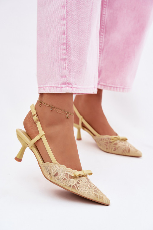 Čipkované sandále Dámske Zapnuté obcasie so stuhami žltá Máribelle