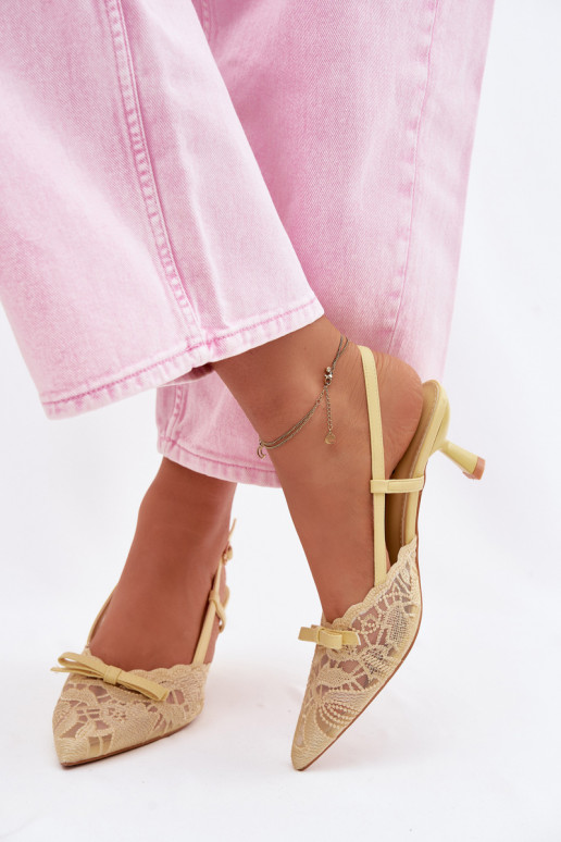 Čipkované sandále Dámske Zapnuté obcasie so stuhami žltá Máribelle