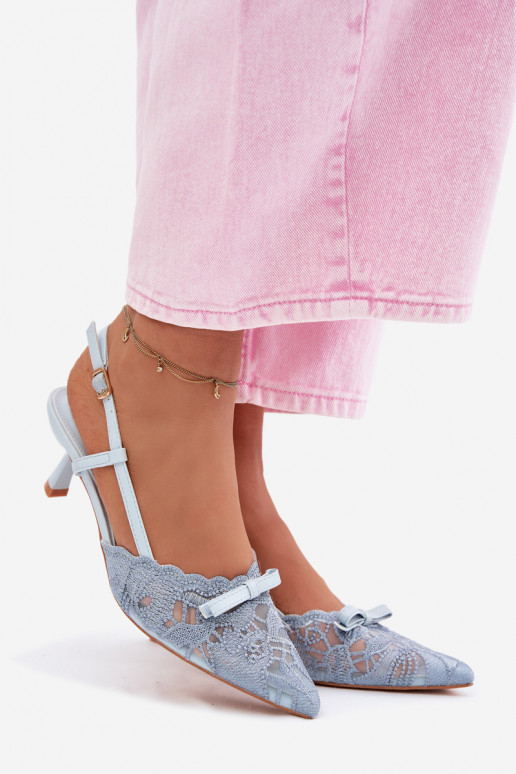 Čipkované sandále Dámske Zapnuté obcasie so stuhami Modrá Máribelle
