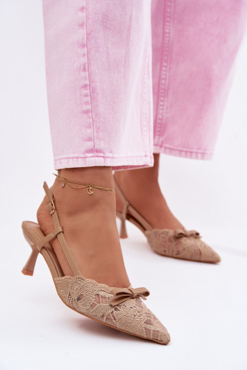 Čipkované sandále Dámske Zapnuté obcasie so stuhami béžová Máribelle 2