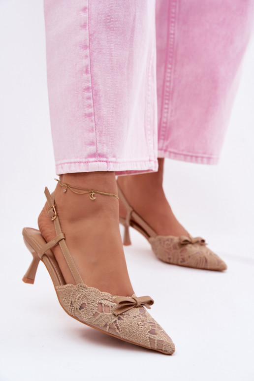 Čipkované sandále Dámske Zapnuté obcasie so stuhami béžová Máribelle
