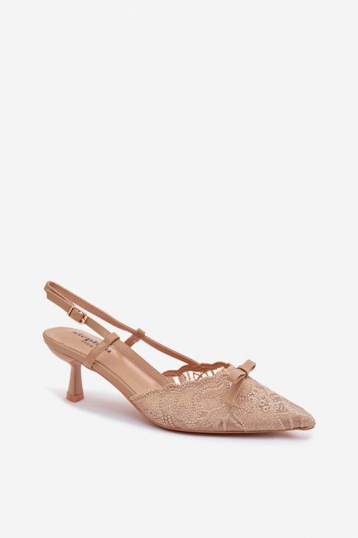 Čipkované sandále Dámske Zapnuté obcasie so stuhami béžová Máribelle