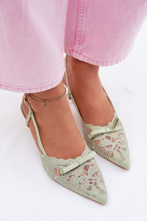 Čipkované sandále Dámske Zapnuté obcasie so stuhami zelená farba Máribelle